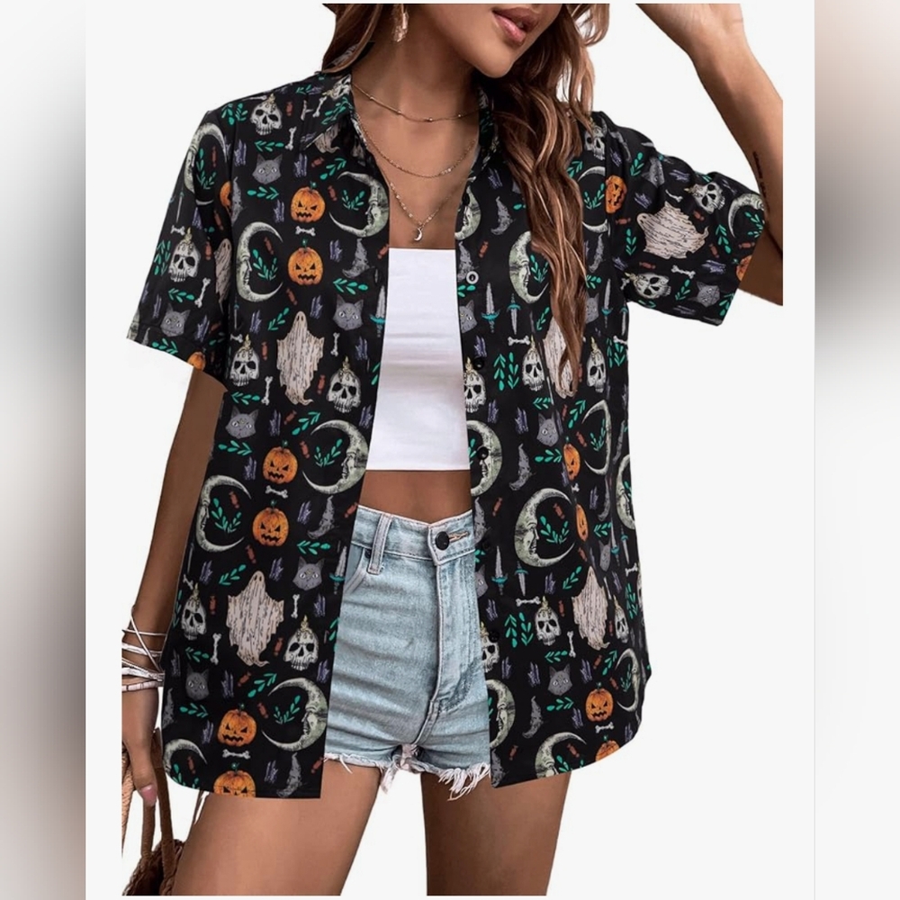 Brand New Whimsical Halloween Themed Button-Up Shirt